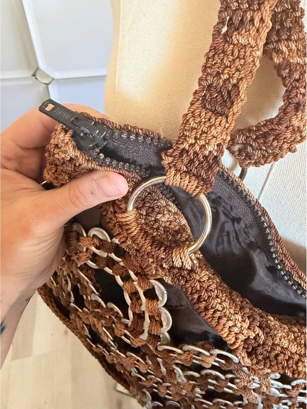 Handmade Brown 1980 soda pop Crochet Shoulder Bag with Metal Ring Details